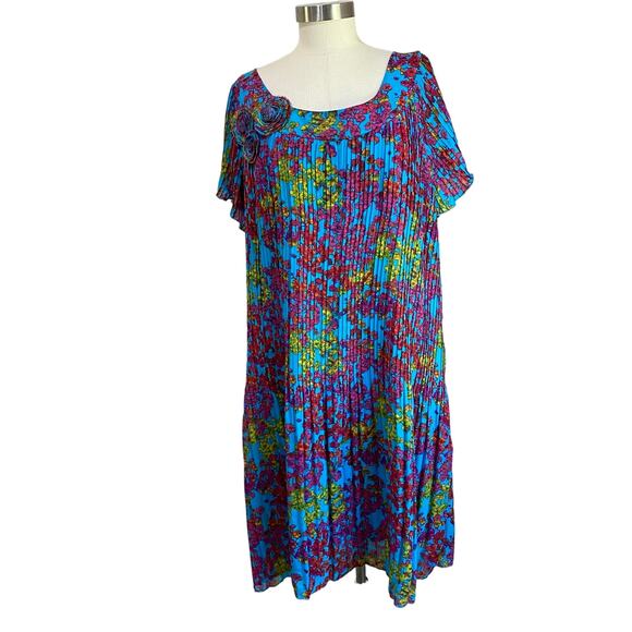 New Directions Blue Floral A Line Turquoise Pleated Midi Short Sleeve Dress 20W - Picture 1 of 11